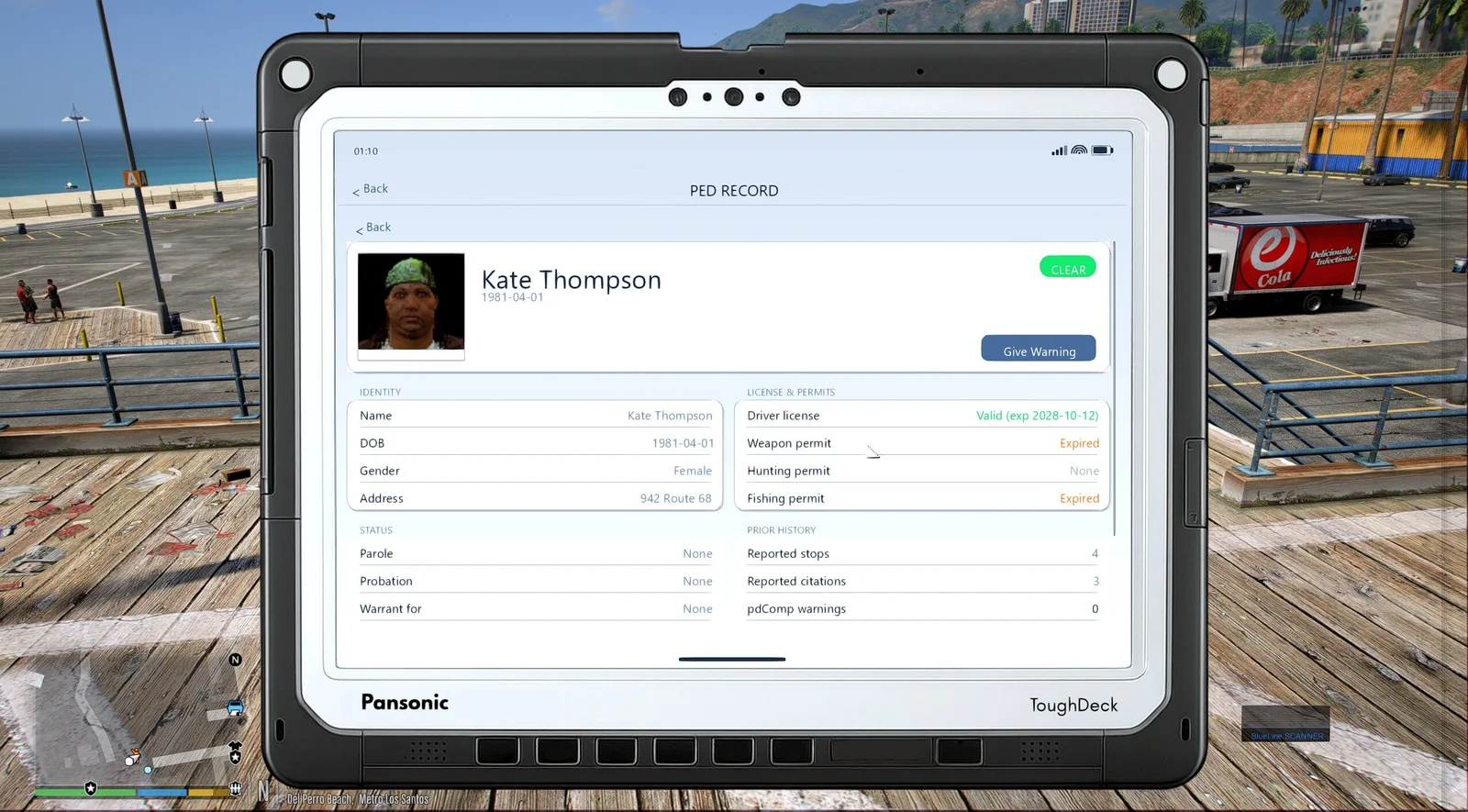 pdComp tablet showing a person record during gameplay
